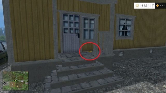 Przed wejściem do pomarańczowego domu, stojącego przy drodze - Sektor G: monety 90 - 100 | Złote monety w Farming Simulator 15 - Farming Simulator 15 - poradnik do gry