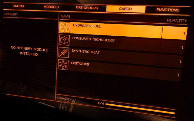 Na tym ekranie znajdziesz listę ładunku jaki znajduje się na pokładzie twojego statku - (Prawy) Panel Systemowy | Interfejs na statku w Elite Dangerous - Elite: Dangerous - poradnik do gry