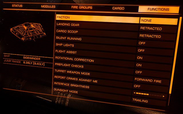 Ostatnią zakładką w prawym panelu są funkcje - (Prawy) Panel Systemowy | Interfejs na statku w Elite Dangerous - Elite: Dangerous - poradnik do gry