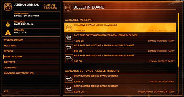 Na biuletynie ciągle pojawiają się nowe misje, podczas gdy stare (których termin upływa) znikają - Okno główne | Interfejs na stacjach w Elite Dangerous - Elite: Dangerous - poradnik do gry