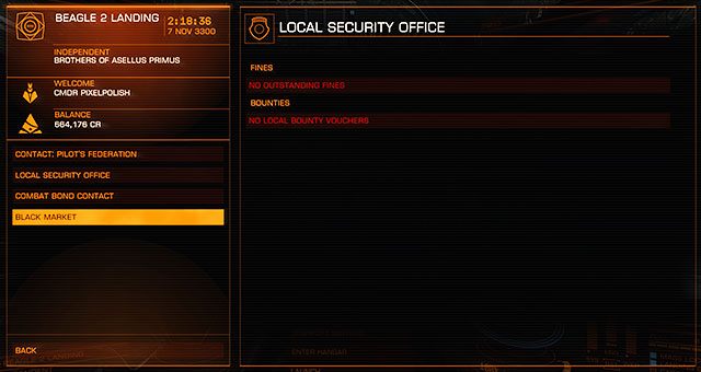 W tym miejscu załatwiasz głównie swoje sprawy finansowe z Federacją Pilotów oraz lokalnym rządem - Okno główne | Interfejs na stacjach w Elite Dangerous - Elite: Dangerous - poradnik do gry