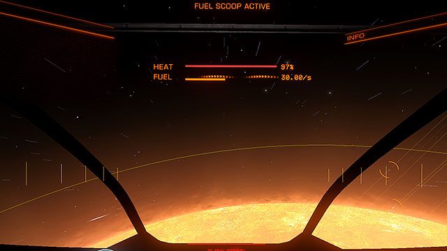 Aby rozpocząć zbieranie paliwa, musisz zbliżyć się do gwiazdy w trybie Super Cruise na tyle blisko, ja ile jest to bezpieczne - Frame Shift Drive | Podróżowanie w Elite Dangerous - Elite: Dangerous - poradnik do gry