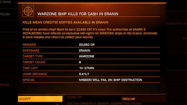 Najlepszą metodą zarabiania pieniędzy w roli najemnika jest podejmowanie misji związanych ze strefami konfliktu - Profesje | Zarabianie pierwszych pieniędzy w Elite Dangerous - Elite: Dangerous - poradnik do gry