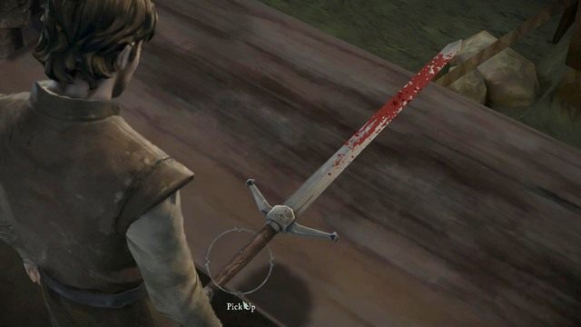 Najedź celownikiem na miecz po czym naciśnij wymagany przycisk żeby go wyczyścić (Pick Up) - Rozdział 1 | Epizod 1 - Iron From Ice | Game of Thrones - Game of Thrones - A Telltale Games Series - poradnik do gry