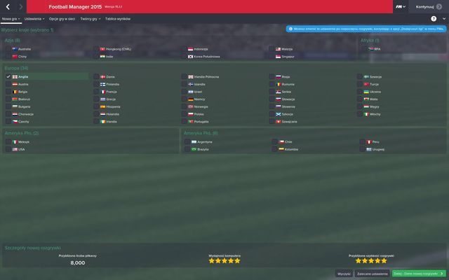 Kolejny ekran tworzenia kariery pozwala nam na wybranie krajów, których rozgrywki będą symulowane podczas gry - Określenie danych rozgrywki | Rozpoczęcie rozgrywki | Football Manager 2015 - Football Manager 2015 - poradnik do gry