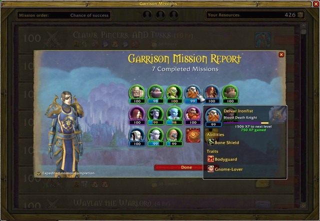 Klikając następnie na View Rewards przejdziemy do kolejnego okna, gdzie wyświetlą się wszelkie nagrody jakie otrzymaliśmy za wykonanie misji - Garrison Mission Manager + Master Plan | Polecane Addony - World of Warcraft: Warlords of Draenor - poradnik do gry