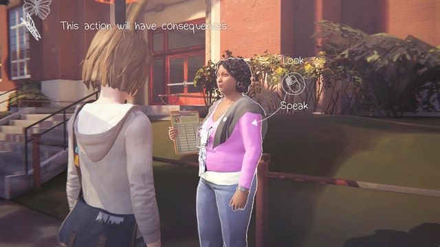 Pierwszą osobą do rozmowy będzie nauczycielka, która zbiera petycje przeciwko wprowadzeniu rygorystycznego systemu monitoringu - Life is Strange: Chrysalis, Rozdział 2 - solucja, opis przejścia - Life is Strange - poradnik do gry