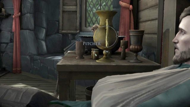 Po odzyskaniu przytomności spójrz w prawą stronę i przesuń dzban, który tam zobaczysz Pitcher - Use - Rozdział 2| Epizod 2 - The Lost Lords | Game of Thrones - Game of Thrones - A Telltale Games Series - poradnik do gry