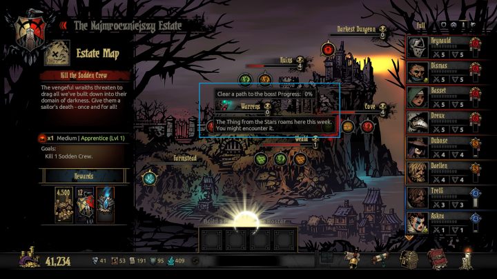 To, czy spotkasz bossa, sprawdzić można na mapie świata - przy nazwie lokacji będzie ikona stwora. - Gwiezdny Stwór (Thing from the Stars) Boss w The Color of Madness - Darkest Dungeon - poradnik do gry
