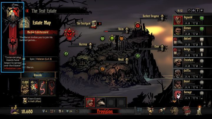 Poziom Zarazy sprawdzić można w lewym górnym rogu ekranu służącego do wysyłania drużyny na misje. - Darkest Dungeon The Crimson Court: Zwiększanie Zarazy i wejście na Dziedziniec - Darkest Dungeon - poradnik do gry