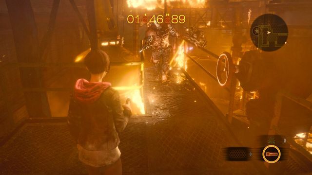 Cofnij się trochę, aby mieć więcej miejsca na wykonanie uniku. - Znajdź Neila - Płonąca fabryka | Wyrok - Claire | Resident Evil Revelations 2 - Resident Evil: Revelations 2 - Kolonia Karna - poradnik do gry