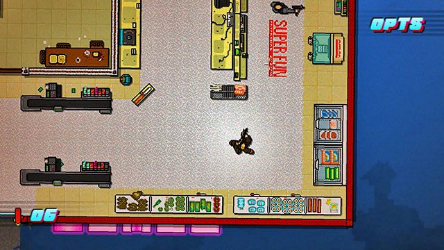 Powyżej zabitego strzelca znajdziesz dwóch kolejnych wrogów - Scene 2 - Homicide | Act 1 - Exposition | Hotline Miami 2 Wrong Number - Hotline Miami 2: Wrong Number - poradnik do gry