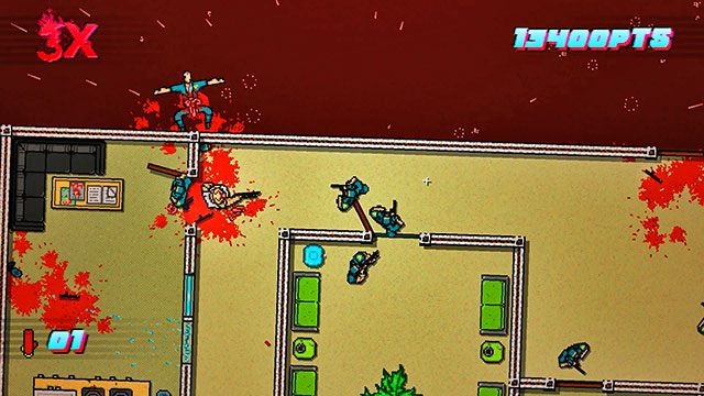 Po prawej znajdziesz kilku policjantów oraz jednego silniejszego od pozostałych - Scene 4 - Final Cut | Act 1 - Exposition | Hotline Miami 2 Wrong Number - Hotline Miami 2: Wrong Number - poradnik do gry
