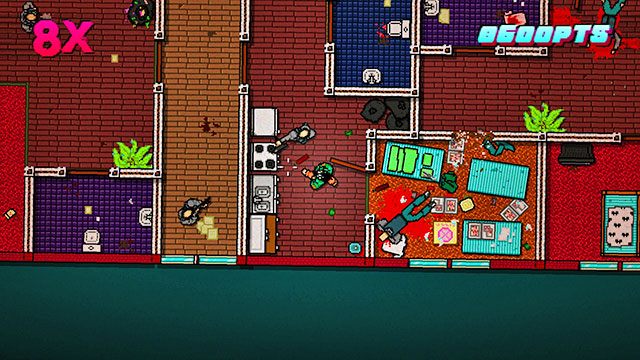 Pozbądź się wroga w korytarzu, następnie kolejnego w pokoju po lewej - Scene 6 - Moving Up | Act 2 - Rising | Hotline Miami 2 Wrong Number - Hotline Miami 2: Wrong Number - poradnik do gry
