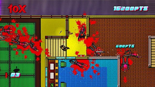 Stań na lewo od górnych schodów i zacznij strzelać w dół - Scene 11 - Dead Ahead | Act 3 - Climax | Hotline Miami 2 Wrong Number - Hotline Miami 2: Wrong Number - poradnik do gry