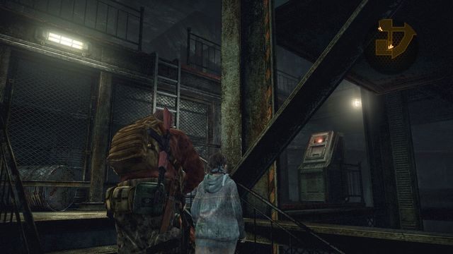 Drabina za windą prowadzi do pomieszczenia, gdzie znajdziesz klucz aktywacyjny do niej. - Podążaj za Alex | Metamorfoza - Barry | Resident Evil Revelations 2 - Resident Evil: Revelations 2 - Kolonia Karna - poradnik do gry
