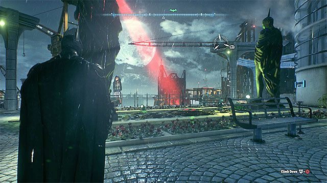 Odszukaj płytę naciskową na pomoście między wieżowcami - Trofea Człowieka-Zagadki na wyspie Founders Island (1-16) | Wyspa Founders Island - Batman Arkham Knight - poradnik do gry