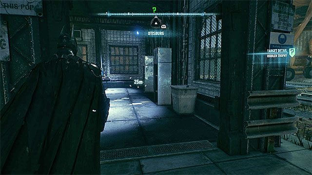 Zbadaj wnętrze małego budynku w porcie - Trofea Człowieka-Zagadki na wyspie Founders Island (17-33) | Wyspa Founders Island - Batman Arkham Knight - poradnik do gry