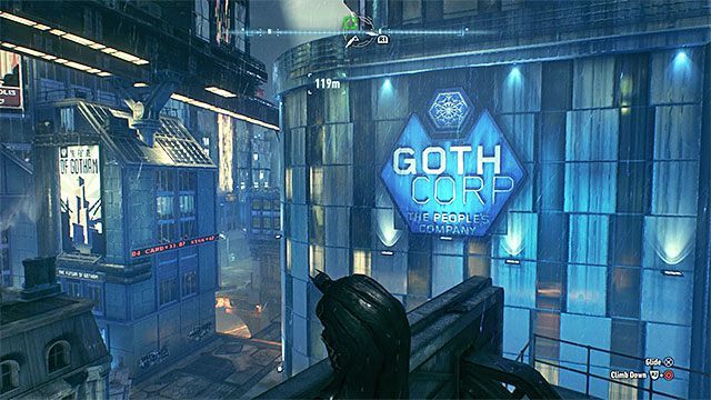 Logo jest na jednej ze ścian wieżowca - Zagadki słowne na wyspie Founders Island | Wyspa Founders Island - Batman Arkham Knight - poradnik do gry