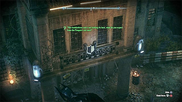 Zeskanuj tabliczkę przy wejściu do zniszczonej posiadłości Pingwina - Zagadki słowne na wyspie Founders Island | Wyspa Founders Island - Batman Arkham Knight - poradnik do gry