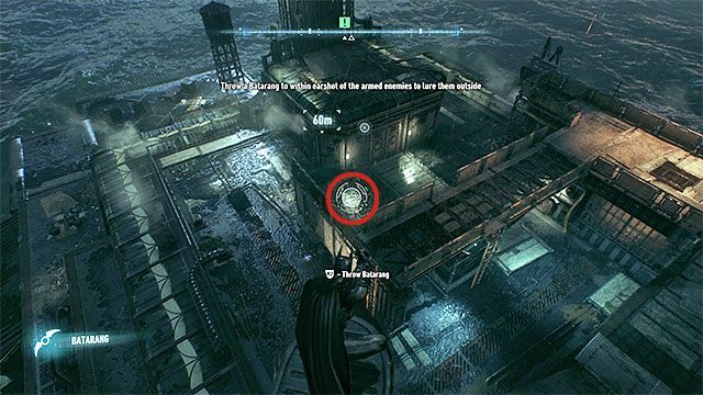 Przykładowe miejsce, w które możesz rzucić batarangiem - Użycie anteny w stoczni Falconea do zlokalizowania Stracha na Wróble | Główny wątek fabularny - Batman Arkham Knight - poradnik do gry