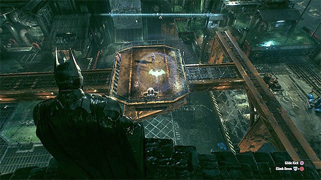 Platforma dźwigu - stojących na niej przeciwników powinieneś zaatakować z góry - Uratowanie zaginionych pracowników fabryki | Główny wątek fabularny - Batman Arkham Knight - poradnik do gry