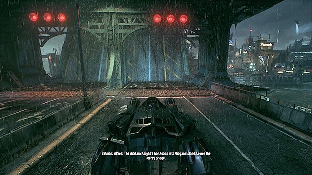 Zatrzymaj się po dotarciu do podniesionego mostu zwodzonego - Śledzenie pojazdu rycerza Arkham z pomocą skanera kryminalistycznego | Główny wątek fabularny - Batman Arkham Knight - poradnik do gry