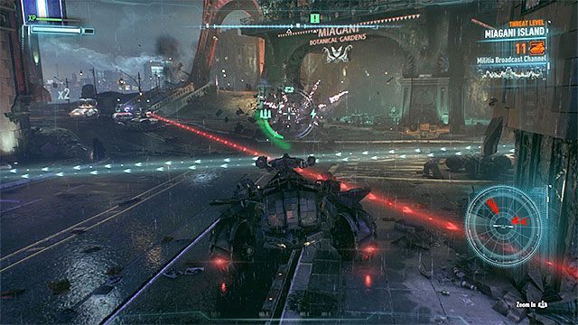 Polegaj m.in. na unikach żeby nie doprowadzić do zniszczenia batmobilu - Odparcie sił wroga atakujących Ogrody Botaniczne | Główny wątek fabularny - Batman Arkham Knight - poradnik do gry