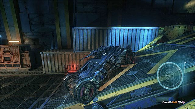 Wjedź batmobilem na wspomnianą rampę i przejedź na jej przeciwległy koniec, tak by pod ciężarem pojazdu zmieniła ona swoje ułożenie - jej prawidłowe ustawienie pokazane zostało na powyższym obrazku - Użycie sonaru batmobilu do odnalezienia rośliny Trującego Bluszczu na Wyspie Założycieli - kontynuacja | Główny wątek fabularny - Batman Arkham Knight - poradnik do gry
