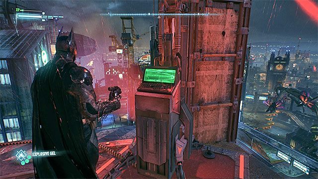 Przykładowy terminal, na którym trzeba rozpylić wybuchowy żel - Okupacja Gotham (Occupy Gotham) | Poszukiwani przestępcy w Batman Arkham Knight - Batman Arkham Knight - poradnik do gry
