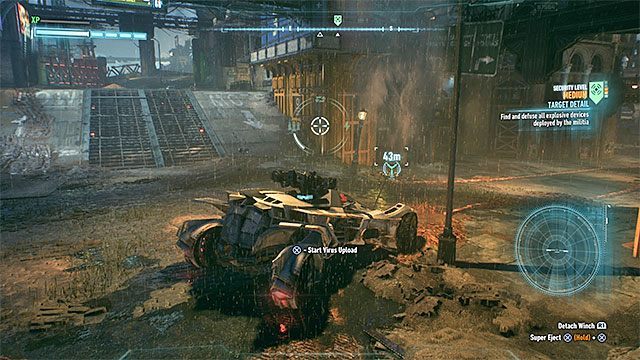 Musisz użyć wyciągarki przed rozpoczęciem bitwy i po jej zakończeniu - Kampania na rzecz demilitaryzacji (Campaign for Disarmament) | Poszukiwani przestępcy - Batman Arkham Knight - poradnik do gry