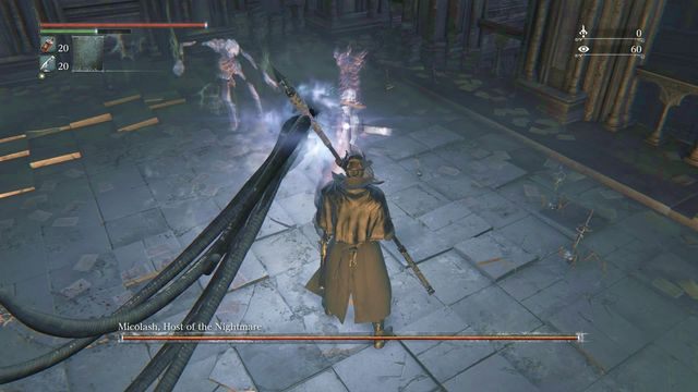 Najczęstszy i niemal jedyny atak używany w pierwszej fazie, stwarza świetną okazję do zaatakowania. - Micolash, gospodarz koszmaru | Bossowie w Bloodborne - Bloodborne - poradnik do gry