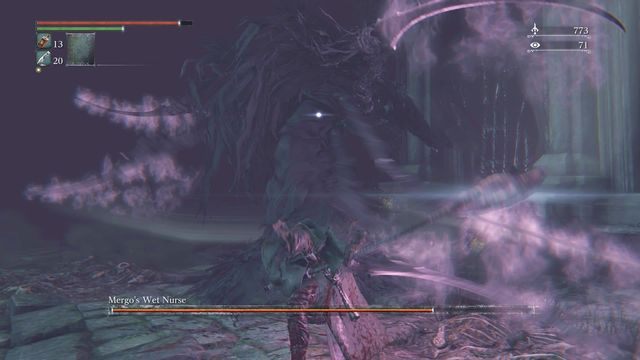 Walka we mgle to najtrudniejsza część, pozwala jednak na zadanie bossowi sporych obrażeń. - Mamka Mergo | Bossowie w Bloodborne - Bloodborne - poradnik do gry