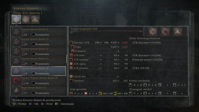 Ekran ulepszania broni za pomocą Krwawych Klejnotów. - Jak naprawić oraz ulepszyć broń w Bloodborne? - Bloodborne - poradnik do gry