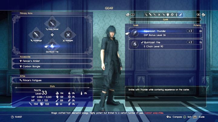 Stworzone zaklęcia trzeba następnie ekwipować na postać. - Pozyskiwanie surowców i tworzenie czarów | Magia (Elemancy) w Final Fantasy XV - Final Fantasy XV - poradnik do gry