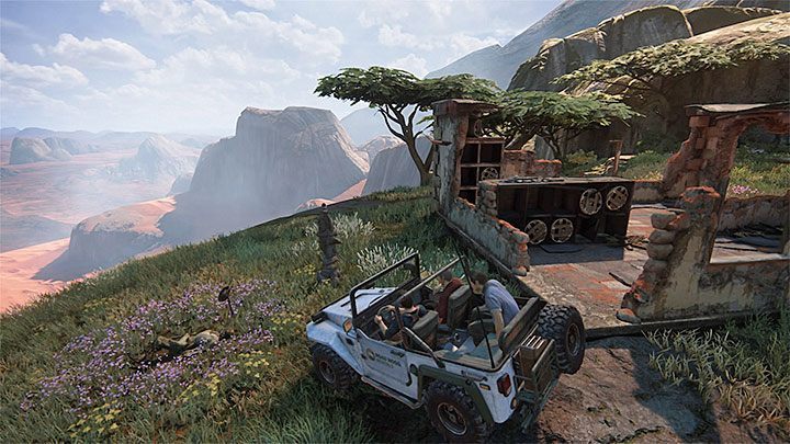 Powróć do jeepa i rozpocznij teraz przejazd w stronę budynku na wzgórzu z punktu 4 - Uncharted 4 Kres Złodzieja: Rozdział 10 Dwanaście wież - solucja, opis przejścia - Uncharted 4: Kres Złodzieja - poradnik do gry