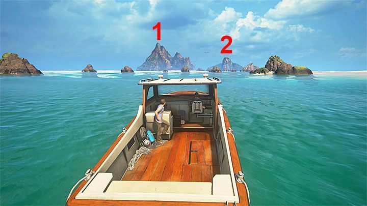 W skład archipelagu wchodzą przede wszystkim zaznaczone na powyższym obrazku dwie główne wyspy - 1 (większa) i 2 (mniejsza) - Uncharted 4 Kres Złodzieja: Rozdział 12 Na morzu - solucja, opis przejścia - Uncharted 4: Kres Złodzieja - poradnik do gry