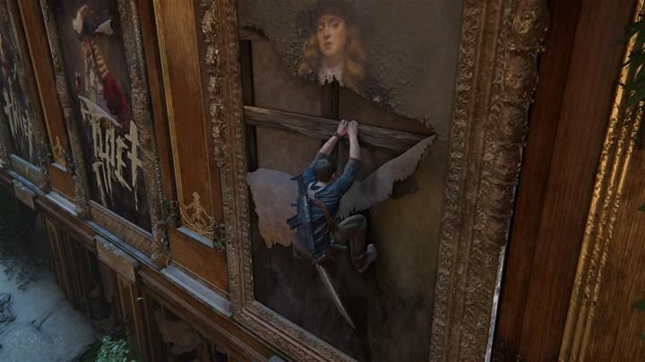Wskocz na zniszczony obraz i kieruj się w lewo - Uncharted 4 Kres Złodzieja: Rozdział 15 Łupieżcy Libertaliisolucja, opis przejścia - Uncharted 4: Kres Złodzieja - poradnik do gry