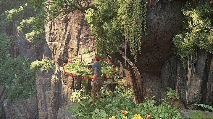 Zainteresujcie się interaktywnimi krawędziami zlokalizowanymi po lewej stronie ekranu i dotrzyjcie dzięki nim na najwyższą skalną półkę - Uncharted 4 Kres Złodzieja: Dziwne artefakty - lista wsztystkich - Uncharted 4: Kres Złodzieja - poradnik do gry