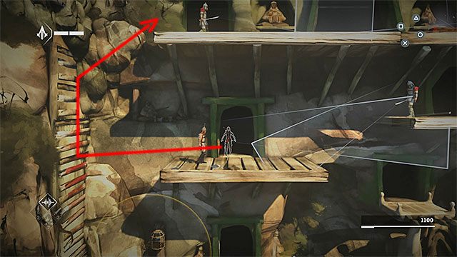 Teraz musisz doskoczyć do większej lewej półki, czyli do tej z wartownikiem z kuszą - Sekwencja 2 - Powrót (The Return) - Assassins Creed Chronicles: China - poradnik do gry
