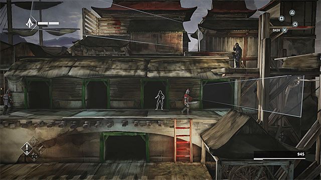 Schowaj się przy pierwszej zasłonie i zaczekaj aż będziesz mógł bezpiecznie przemieścić się do najbliższej kryjówki - Sekwencja 3 - Port (The Port) - Assassins Creed Chronicles: China - poradnik do gry