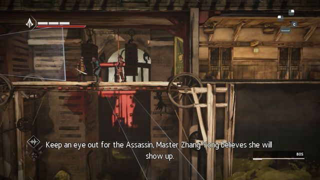 Idąc po ścianie bez problemu dotrzesz do kołowrotu schowanego za bambusową kotarą - Sekwencja 11 - Zdrada (The Betrayal) - Assassins Creed Chronicles: China - poradnik do gry