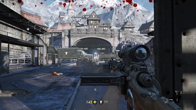 Uzbrój się w snajperkę i korzystając z osłony pod daszkiem niszcz wszystkich nadchodzących wrogów - Rozdział 4 - Ucieczka! | Opis przejścia Wolfenstein The Old Blood - Wolfenstein: The Old Blood - poradnik do gry