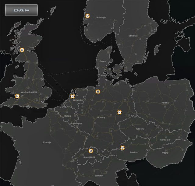 Mapa z zaznaczonymi salonami samochodowymi marki DAF (uwzględniająca dodatki Ekspansja Polska oraz Skandynawia) - Dealerzy ciężarówek - DAF, IVECO, MAN - mapy | Elementy gry - Euro Truck Simulator 2: Skandynawia - poradnik do gry