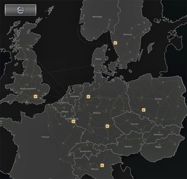 Mapa z zaznaczonymi salonami samochodowymi marki Volvo (uwzględniająca dodatki Ekspansja Polska oraz Skandynawia) - Dealerzy ciężarówek - Majestic, Renault, Scania, Volvo - mapy | Elementy gry - Euro Truck Simulator 2: Skandynawia - poradnik do gry