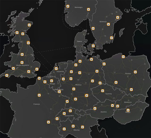 Mapa prezentująca wszystkie salony samochodowe dostępne w grze. - Dealerzy ciężarówek (wszyscy) | Elementy gry Euro Truck Simulator 2 Skandynawia - Euro Truck Simulator 2: Skandynawia - poradnik do gry