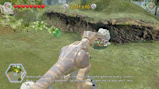 Po naprawieniu generatora dinozaurów, wybierz Tyranozaura i podejdź do widocznego głazu - Terytorium Gallimima | Jurassic Park - sekrety - LEGO Jurassic World - poradnik gry