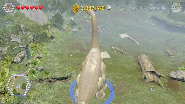 Wybierz z generatora dinozaurów Apatozaura lub Briachiozaura i niszcz pokazane na obrazku platformy, wstrząsami - Terytorium Gallimima | Jurassic Park - sekrety - LEGO Jurassic World - poradnik gry