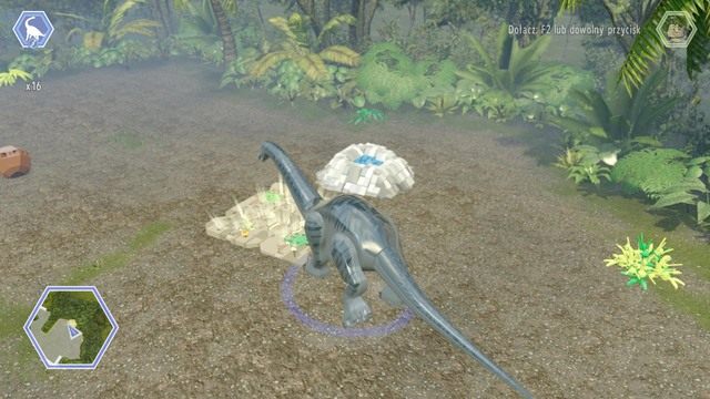 Korzystając z Apatozaura podejdź do widocznej platformy i użyj wstrząsu by uzyskać kolejny złoty klocek - Terytorium Indominusa | Jurassic World - sekrety - LEGO Jurassic World - poradnik gry