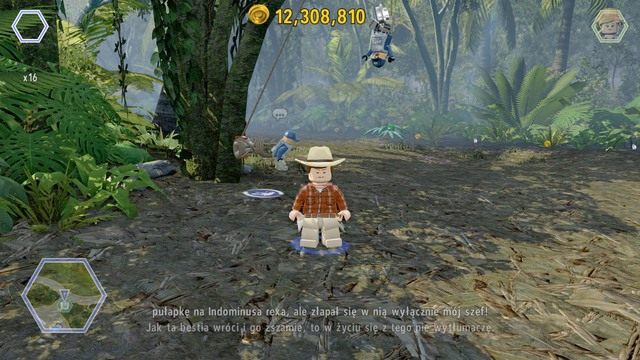 Podejdź jako Grant do liny zaczepionej na drzewie i przetnij ją by uwolnić pracownika w opałach - Terytorium Indominusa | Jurassic World - sekrety - LEGO Jurassic World - poradnik gry